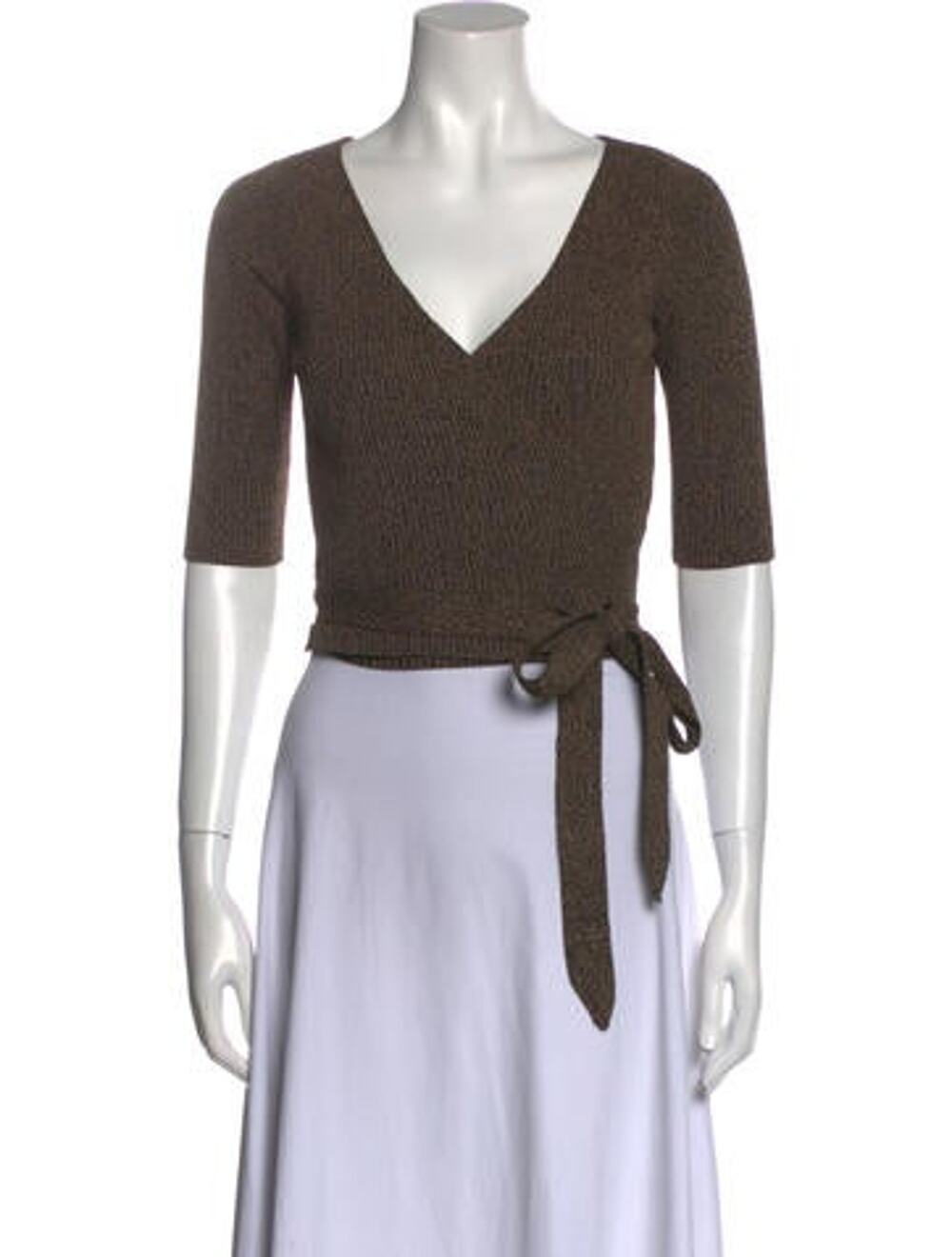 Ganni V-Neck Three-Quarter Sleeve Crop Top Brown - S